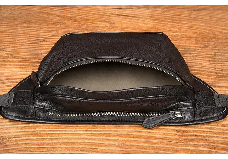 Cool Black Leather Fanny Pack Mens Waist Bag Hip Pack Black Belt Bags Bumbag for Men