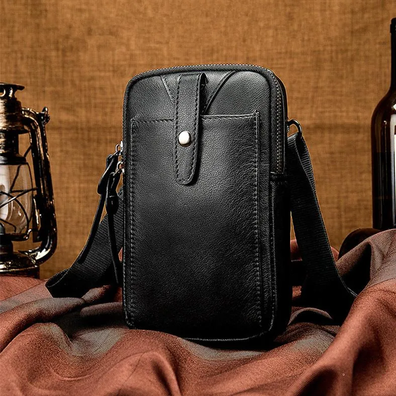 Cool Black Leather Men's Cell Phone Holster Mini Side Bag Waist Belt Pouch For Men