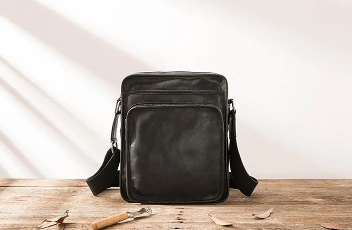 Cool Black Small Leather Mens Shoulder Bags Messengers Bag for Men