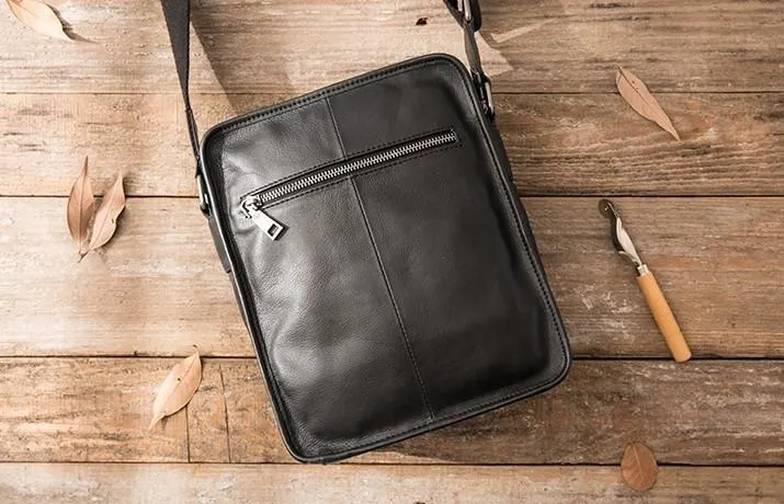 Cool Black Small Leather Mens Shoulder Bags Messengers Bag for Men