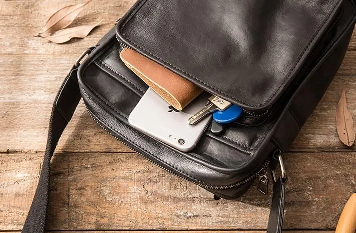 Cool Black Small Leather Mens Shoulder Bags Messengers Bag for Men