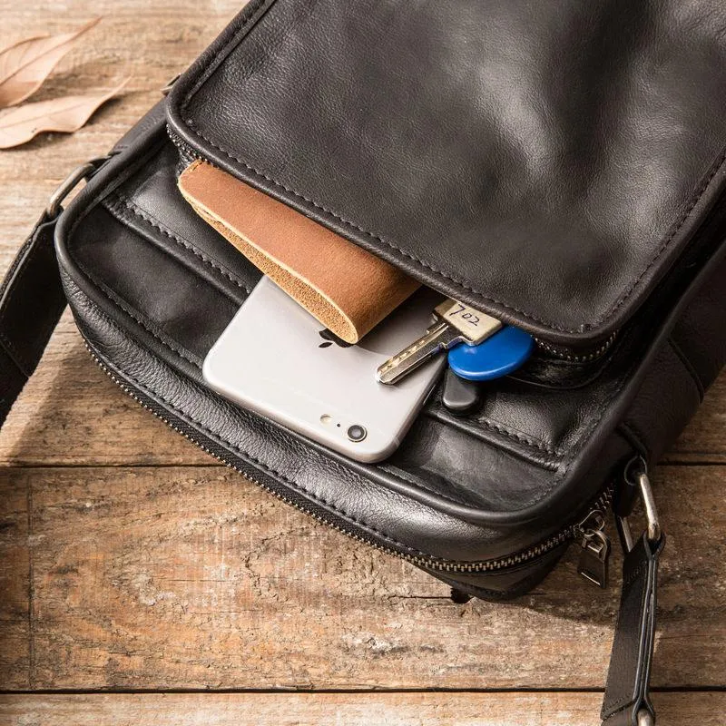 Cool Black Small Leather Mens Shoulder Bags Messengers Bag for Men