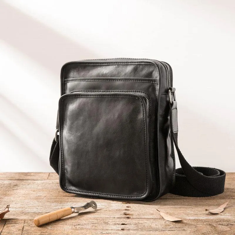 Cool Black Small Leather Mens Shoulder Bags Messengers Bag for Men