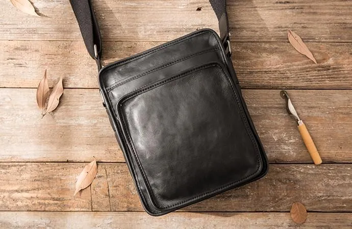 Cool Black Small Leather Mens Shoulder Bags Messengers Bag for Men