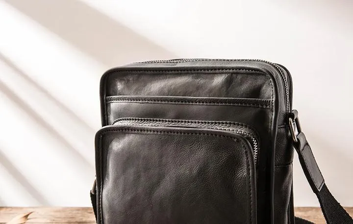 Cool Black Small Leather Mens Shoulder Bags Messengers Bag for Men