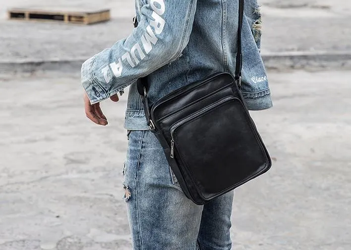 Cool Black Small Leather Mens Shoulder Bags Messengers Bag for Men