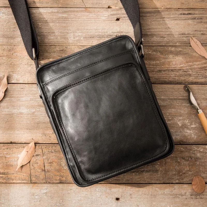 Cool Black Small Leather Mens Shoulder Bags Messengers Bag for Men