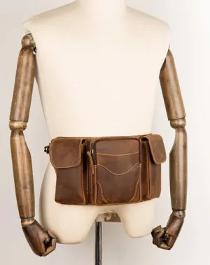 Cool Brown Leather Mens Fanny Pack Tool Waist Bags Hip Pack Belt Bag Bumbags for Men