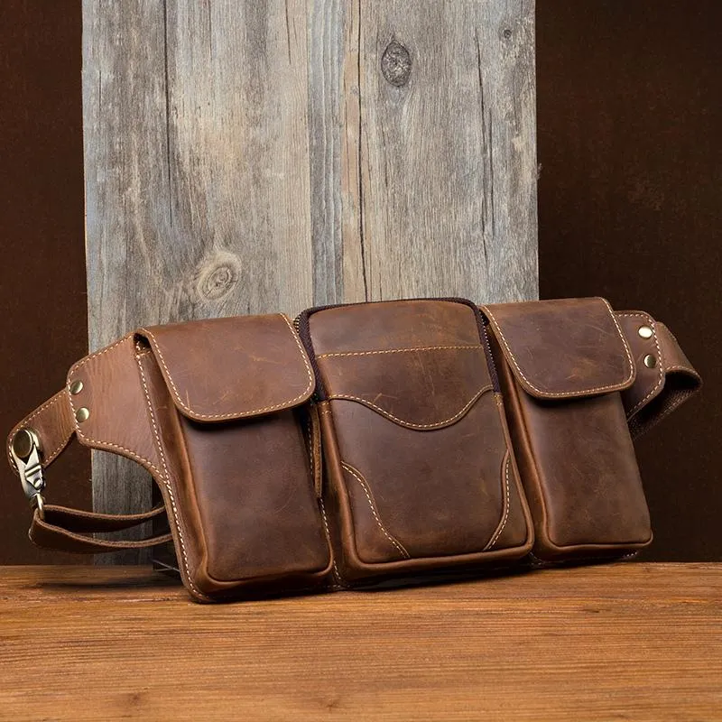 Cool Brown Leather Mens Fanny Pack Tool Waist Bags Hip Pack Belt Bag Bumbags for Men