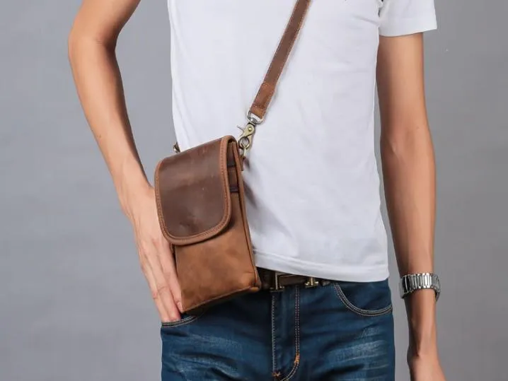 Cool Brown Leather Mens Mini Shoulder Bag Belt Pouch Waist Bag For Men