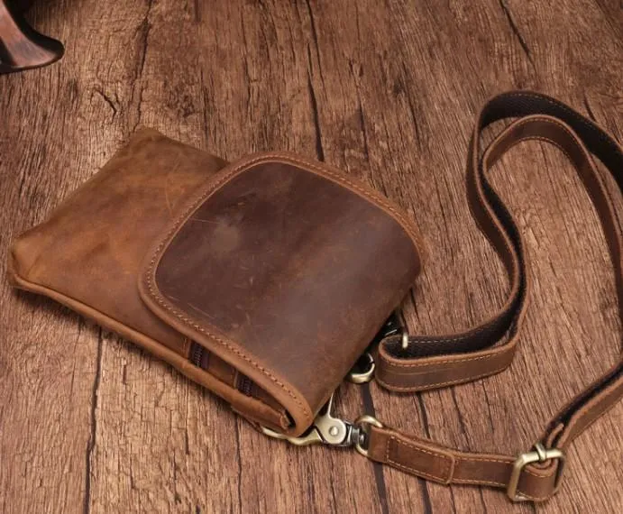 Cool Brown Leather Mens Mini Shoulder Bag Belt Pouch Waist Bag For Men