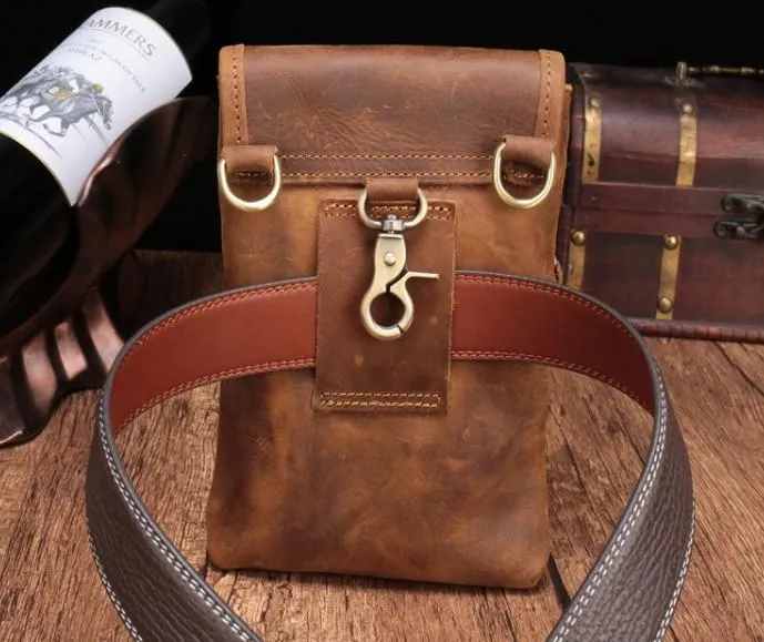 Cool Brown Leather Mens Mini Shoulder Bag Belt Pouch Waist Bag For Men