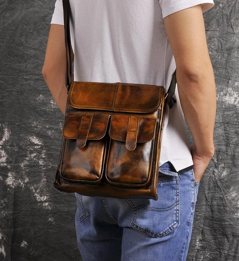 Cool Brown Leather Vertical Messenger Bag Men's Brown Side Bag Shoulder Bag Courier Bag For Men