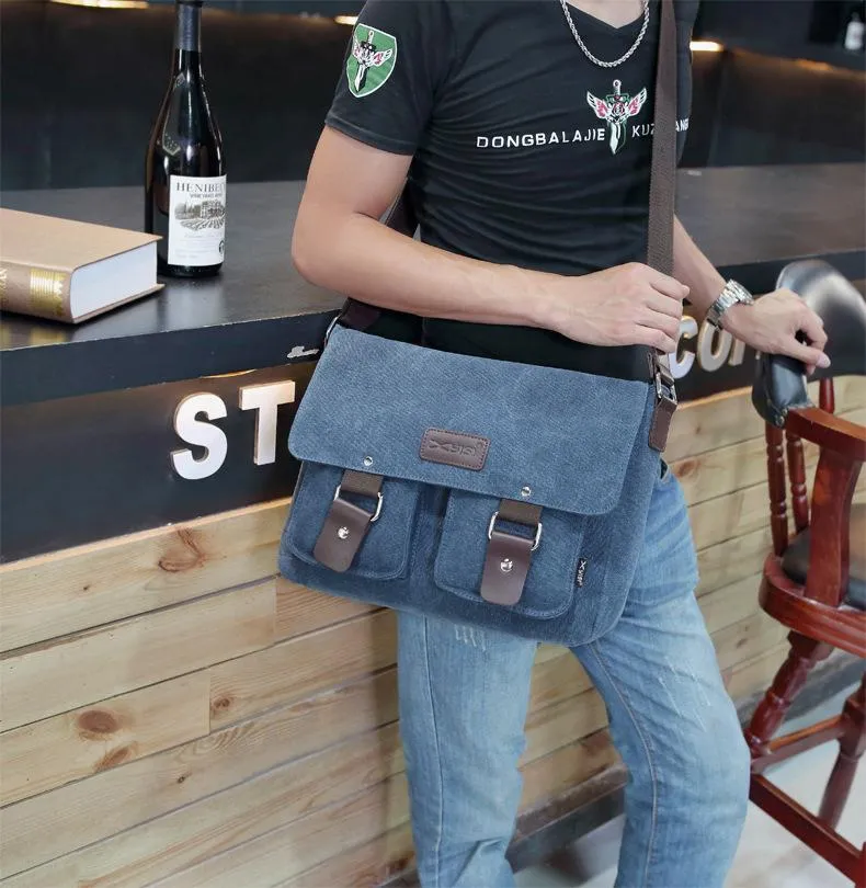 Cool Canvas Leather Mens Black Side Bag Blue Shoulder Bag Red College Bag Messenger Bag for Men