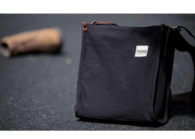 Cool Canvas Leather Mens Side Bag Black Vertical Shoulder Bag College Bag Messenger Bag for Men