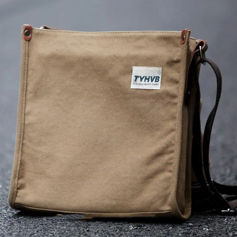 Cool Canvas Leather Mens Side Bag Black Vertical Shoulder Bag College Bag Messenger Bag for Men