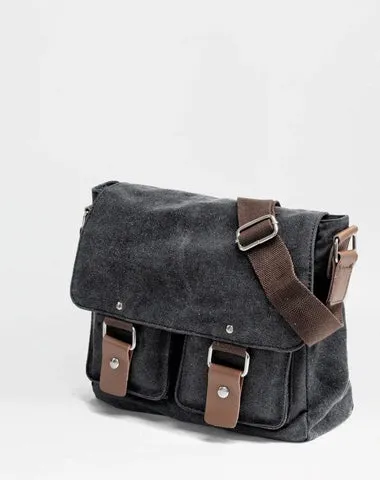 Cool Canvas Leather Mens Small Black Side Bag Messenger Bag Shoulder Bag For Men