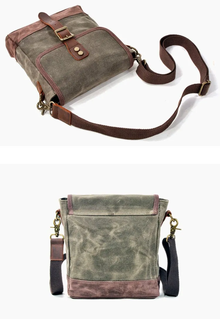 Cool Canvas Leather Mens Small Green Messenger Bag Vertical Side Bag Shoulder Bag For Men