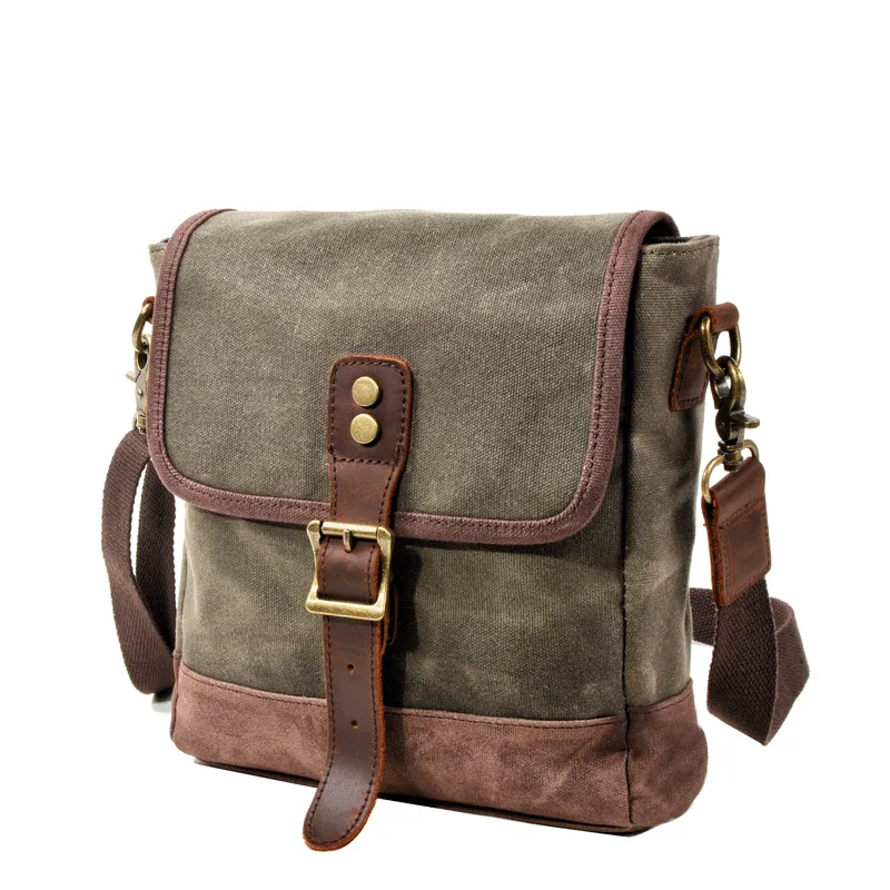 Cool Canvas Leather Mens Small Green Messenger Bag Vertical Side Bag Shoulder Bag For Men