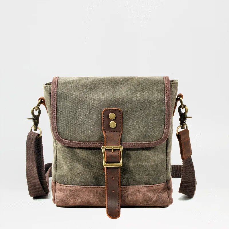 Cool Canvas Leather Mens Small Green Messenger Bag Vertical Side Bag Shoulder Bag For Men