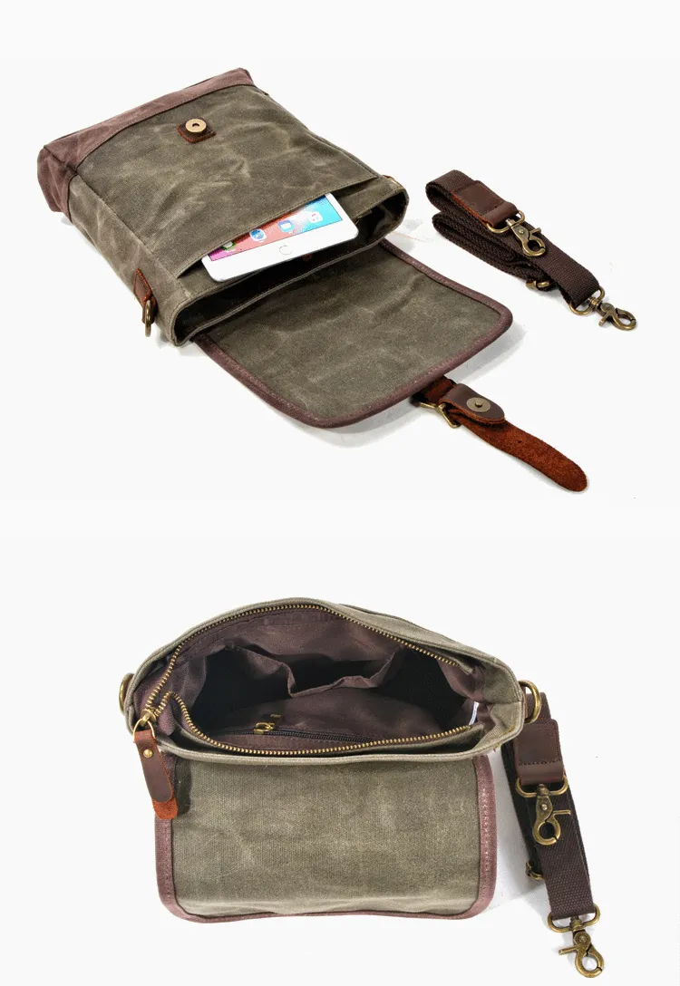Cool Canvas Leather Mens Small Green Messenger Bag Vertical Side Bag Shoulder Bag For Men