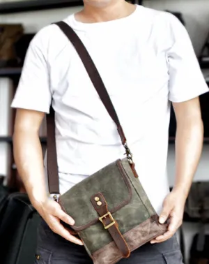 Cool Canvas Leather Mens Small Green Messenger Bag Vertical Side Bag Shoulder Bag For Men