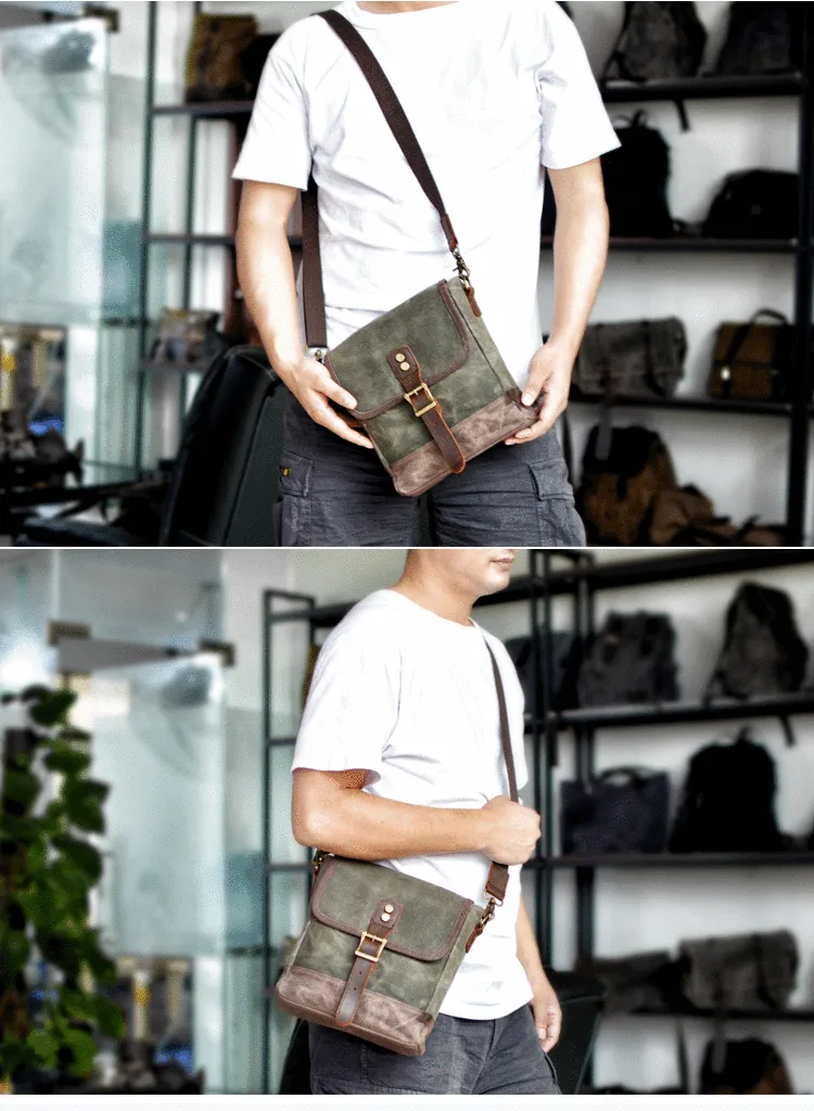 Cool Canvas Leather Mens Small Green Messenger Bag Vertical Side Bag Shoulder Bag For Men