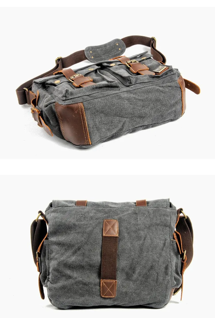 Cool Canvas Leather Mens Waterproof Black Side Bag Courier Bag Blue Messenger Bag for Men