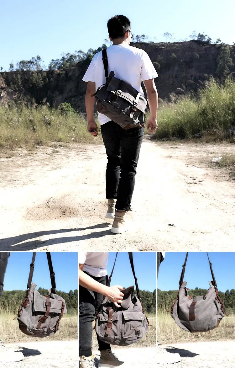 Cool Canvas Leather Mens Waterproof Black Side Bag Courier Bag Blue Messenger Bag for Men