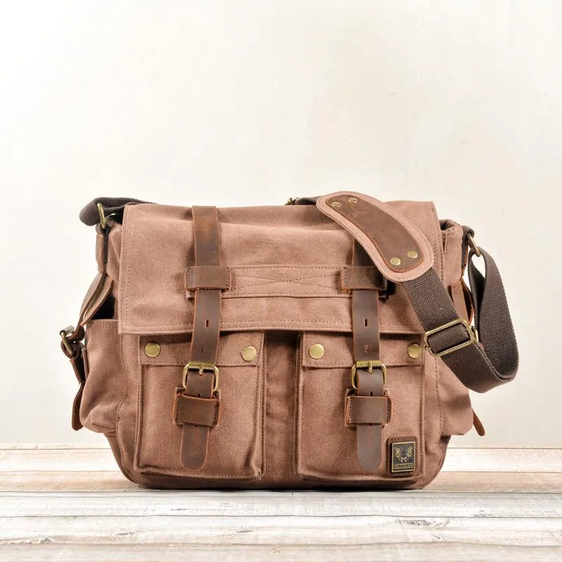 Cool Canvas Leather Mens Waterproof Black Side Bag Courier Bag Blue Messenger Bag for Men