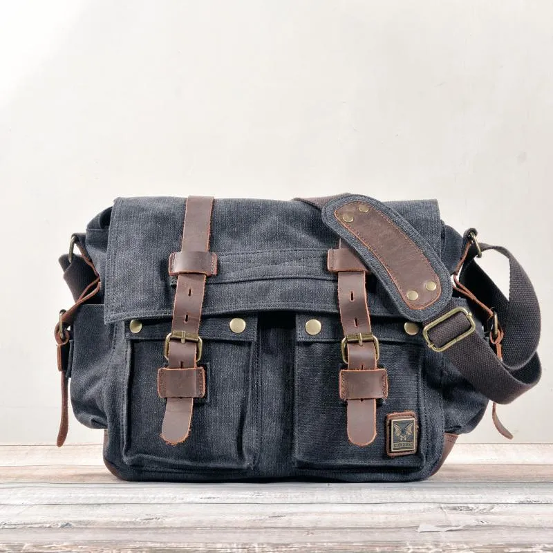 Cool Canvas Leather Mens Waterproof Black Side Bag Courier Bag Blue Messenger Bag for Men
