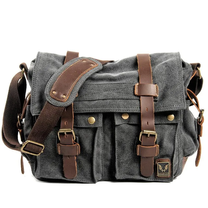 Cool Canvas Leather Mens Waterproof Black Side Bag Courier Bag Blue Messenger Bag for Men