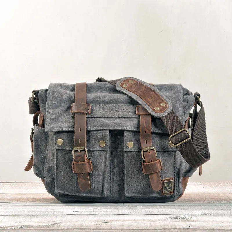 Cool Canvas Leather Mens Waterproof Black Side Bag Courier Bag Blue Messenger Bag for Men