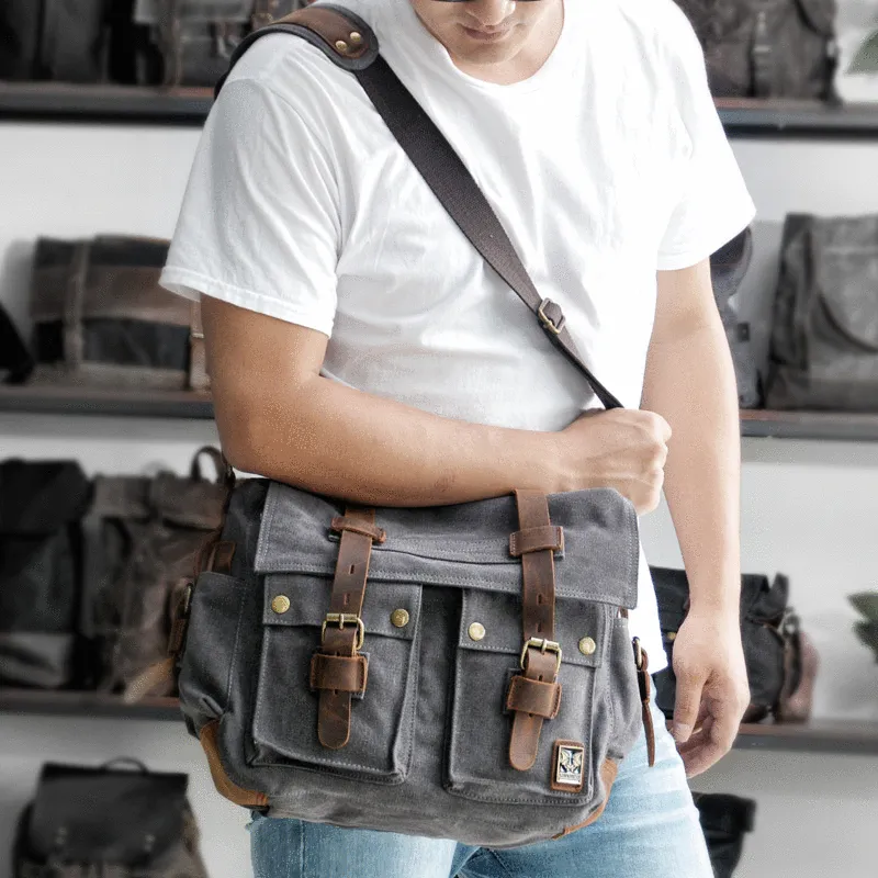 Cool Canvas Leather Mens Waterproof Black Side Bag Courier Bag Blue Messenger Bag for Men