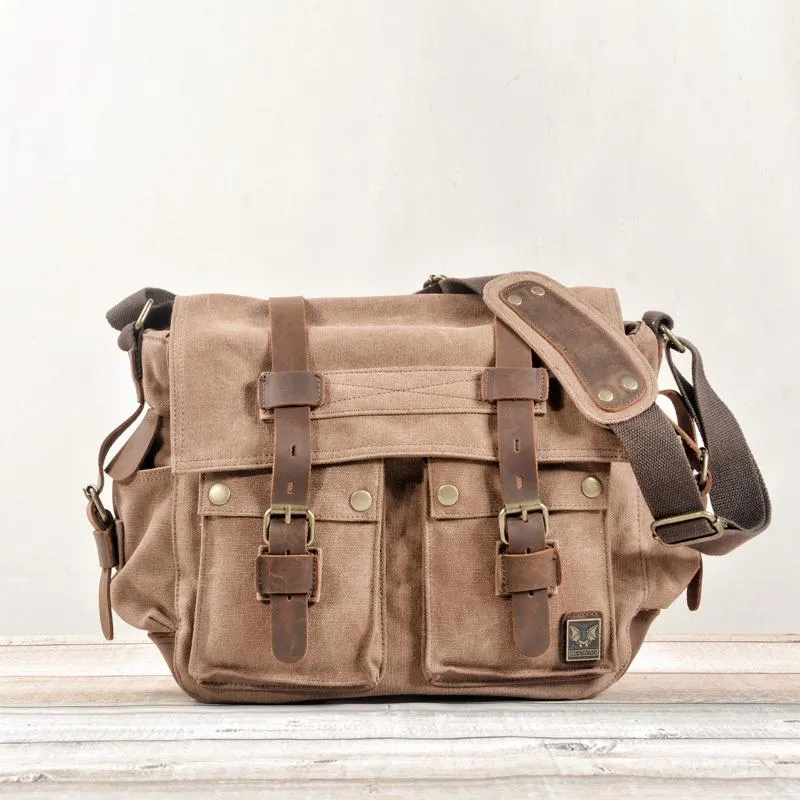 Cool Canvas Leather Mens Waterproof Black Side Bag Courier Bag Blue Messenger Bag for Men