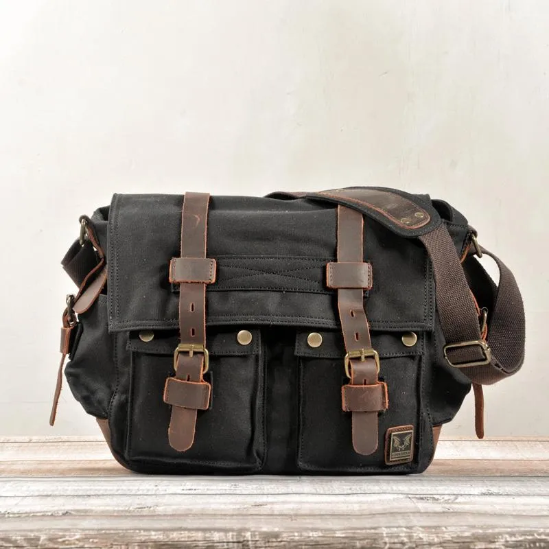 Cool Canvas Leather Mens Waterproof Black Side Bag Courier Bag Blue Messenger Bag for Men