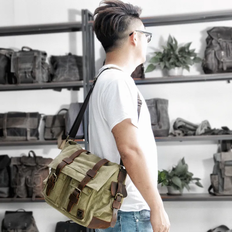 Cool Canvas Leather Mens Waterproof Black Side Bag Courier Bag Blue Messenger Bag for Men