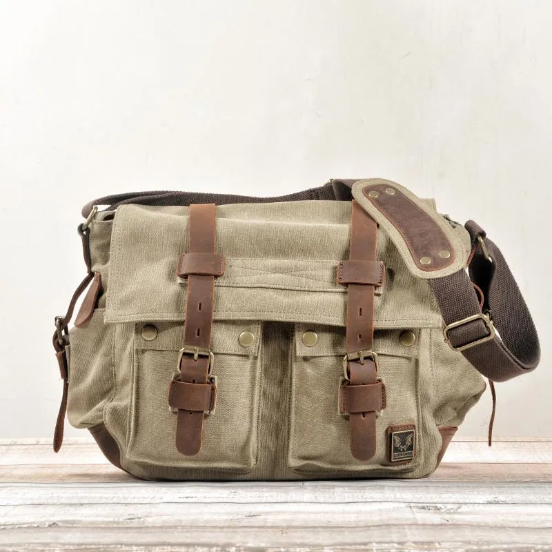 Cool Canvas Leather Mens Waterproof Black Side Bag Courier Bag Blue Messenger Bag for Men