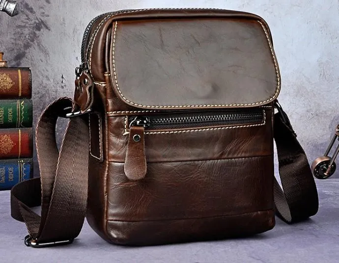 Cool Coffee Small Leather Mens Side Bag Messenger Bag Shoulder Bag for Men