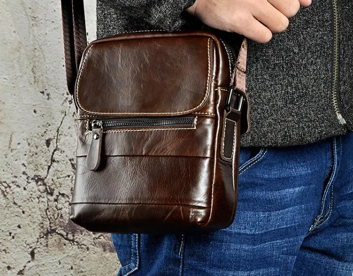 Cool Coffee Small Leather Mens Side Bag Messenger Bag Shoulder Bag for Men