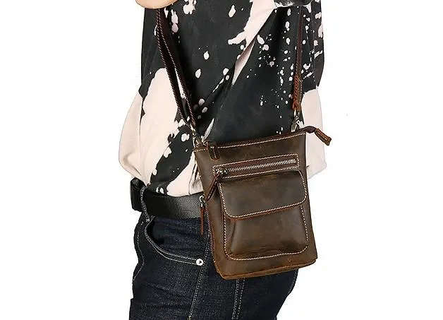 Cool Dark Brown Leather Mens Belt Pouch Mini Shoulder Bags Waist Bags For Men