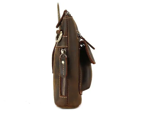 Cool Dark Brown Leather Mens Belt Pouch Mini Shoulder Bags Waist Bags For Men