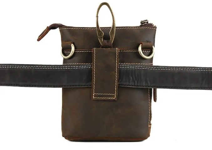Cool Dark Brown Leather Mens Belt Pouch Mini Shoulder Bags Waist Bags For Men