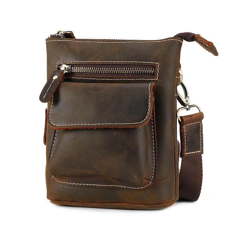 Cool Dark Brown Leather Mens Belt Pouch Mini Shoulder Bags Waist Bags For Men