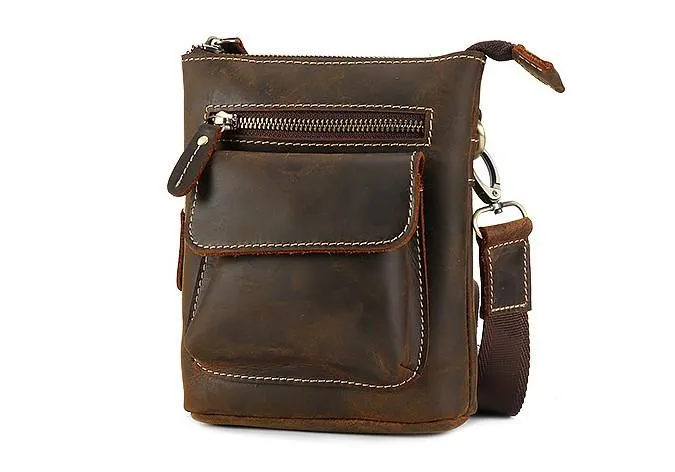 Cool Dark Brown Leather Mens Belt Pouch Mini Shoulder Bags Waist Bags For Men