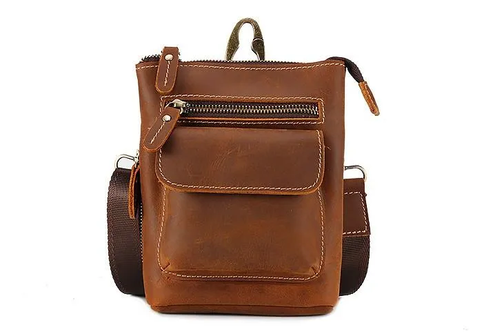 Cool Dark Brown Leather Mens Belt Pouch Mini Shoulder Bags Waist Bags For Men