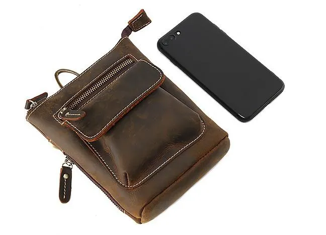 Cool Dark Brown Leather Mens Belt Pouch Mini Shoulder Bags Waist Bags For Men