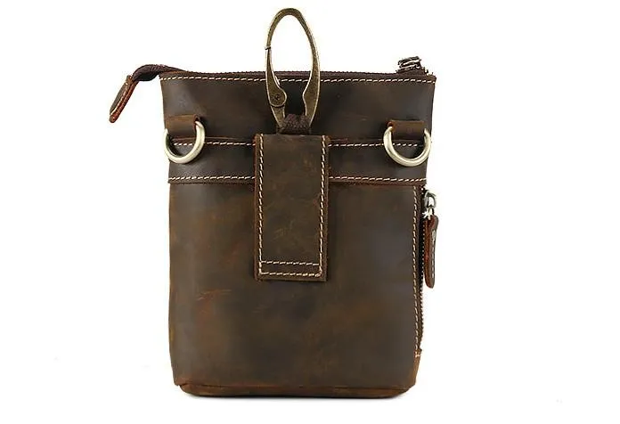 Cool Dark Brown Leather Mens Belt Pouch Mini Shoulder Bags Waist Bags For Men
