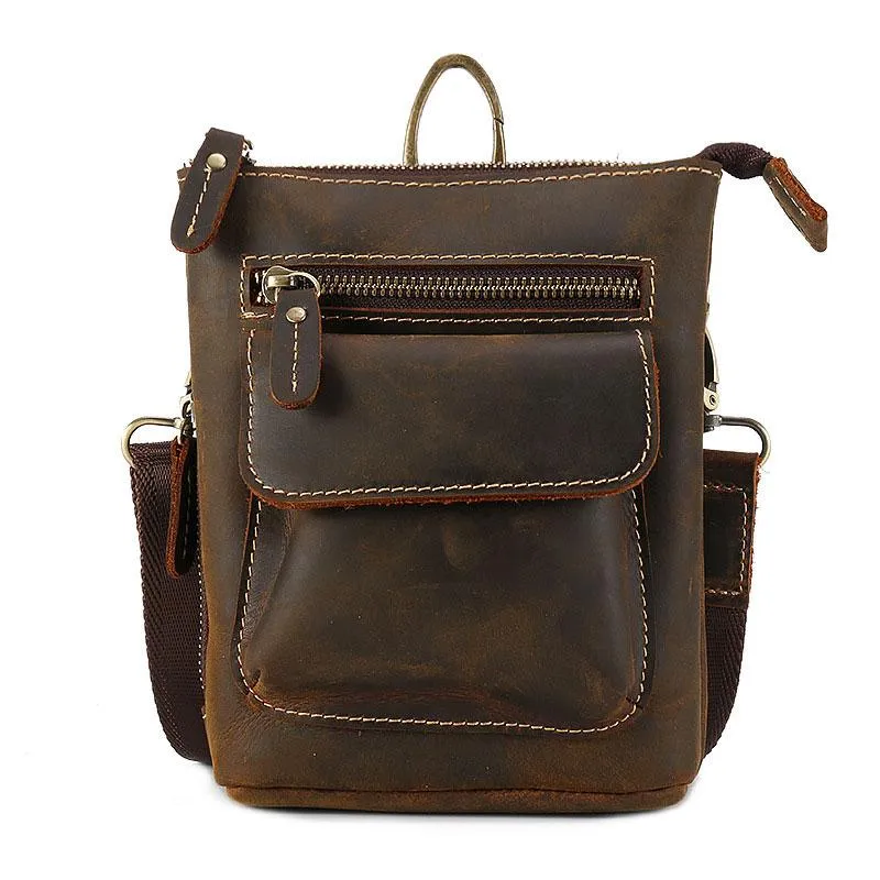 Cool Dark Brown Leather Mens Belt Pouch Mini Shoulder Bags Waist Bags For Men