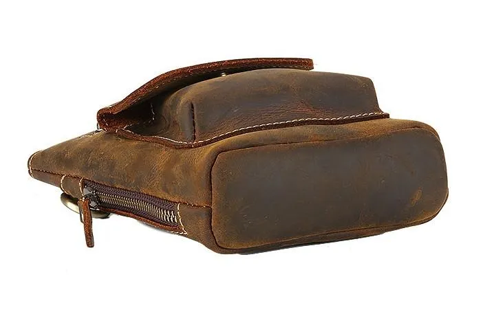 Cool Dark Brown Leather Mens Belt Pouch Mini Shoulder Bags Waist Bags For Men